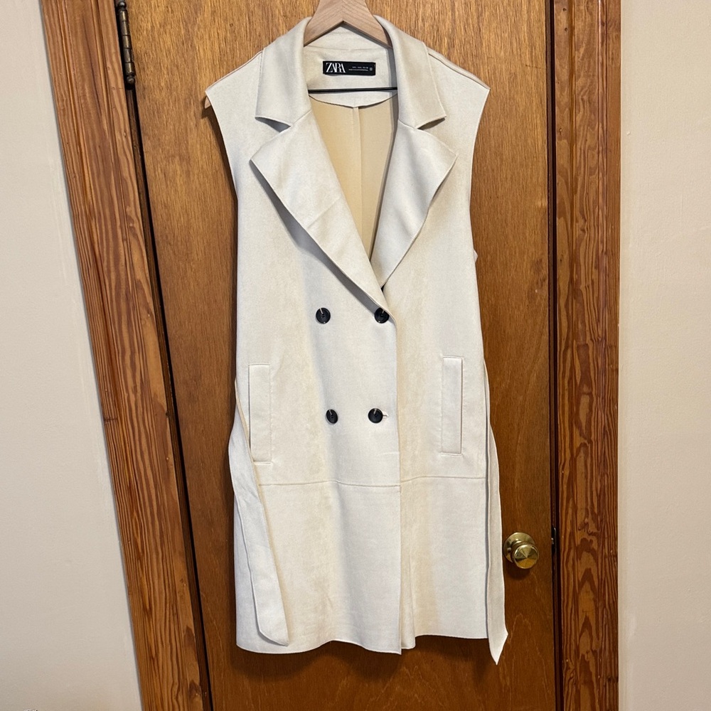 Zara Off-White Double-Breasted Long Vest/Trench Coat